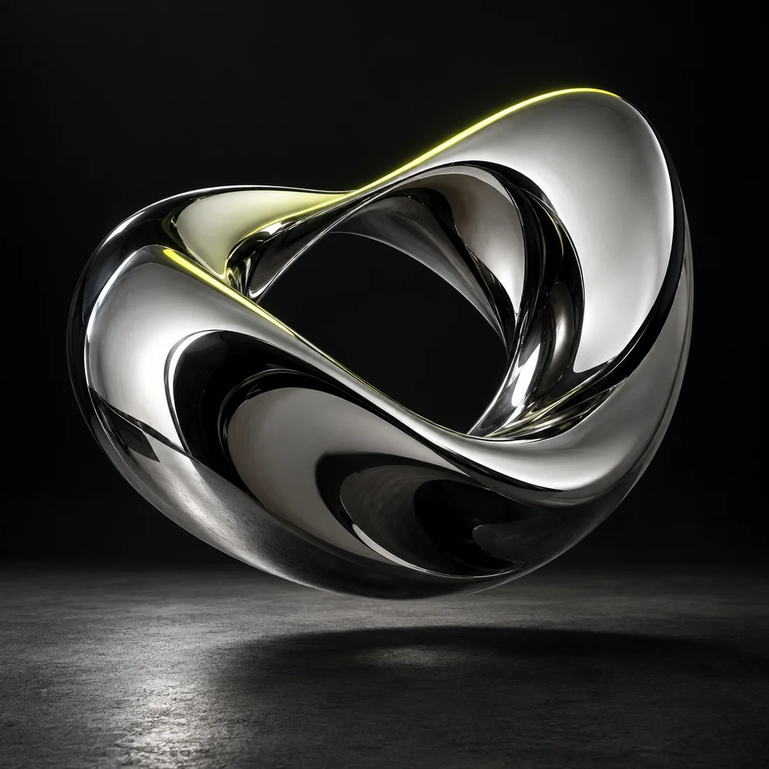 Polished chrome ribbon sculpture with an acid-yellow rim of light